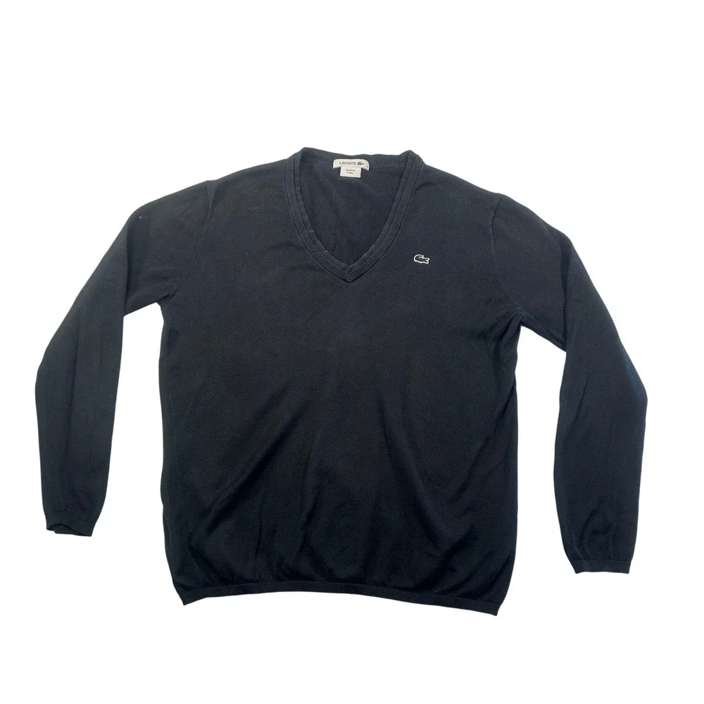 Lacoste Mens Navy Blue V-Neck Cotton Knit Sweater‎ Size 46 XL
